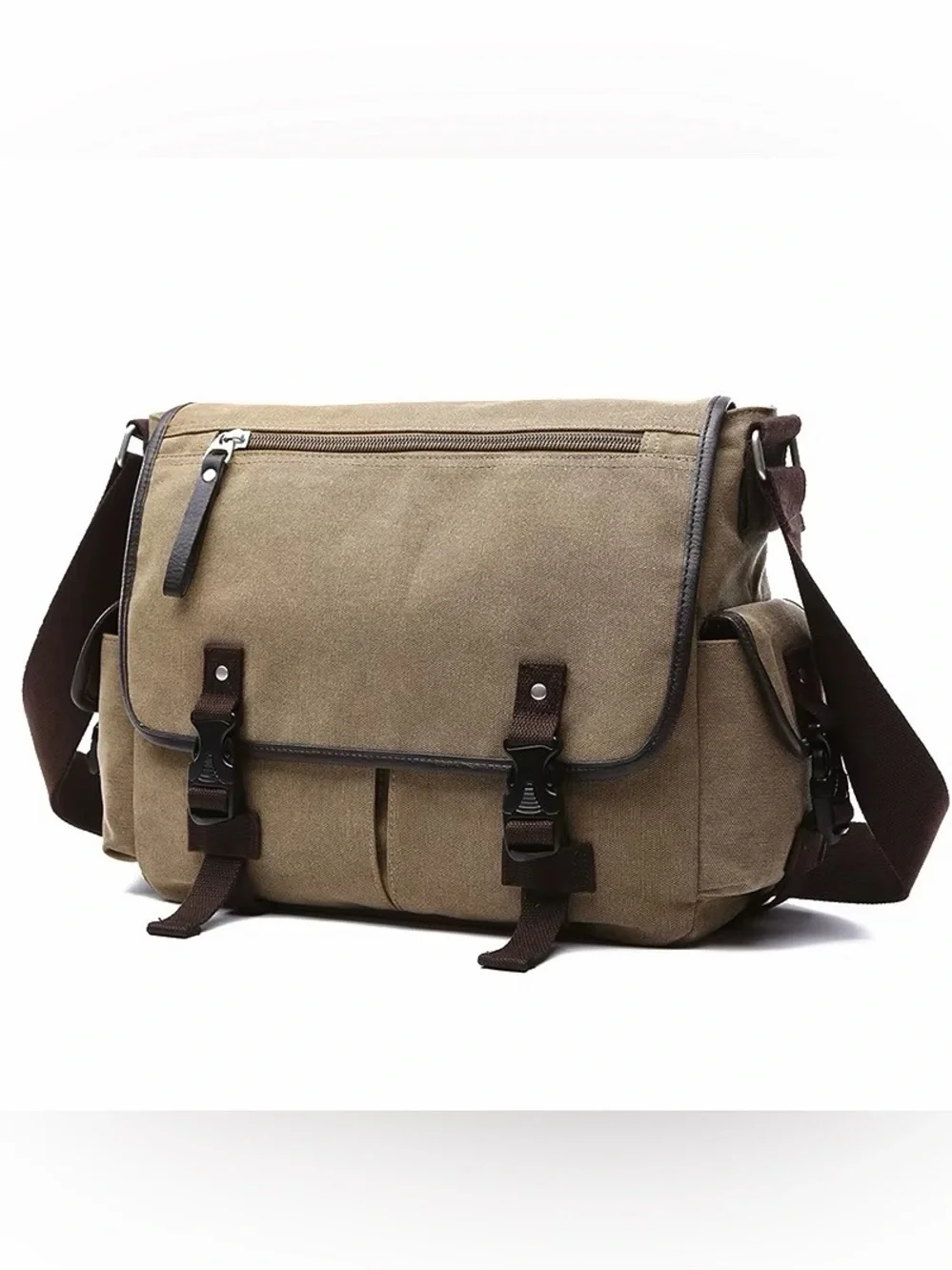 Men's Canvas Messenger Bag in Khaki with Dark Brown Trim